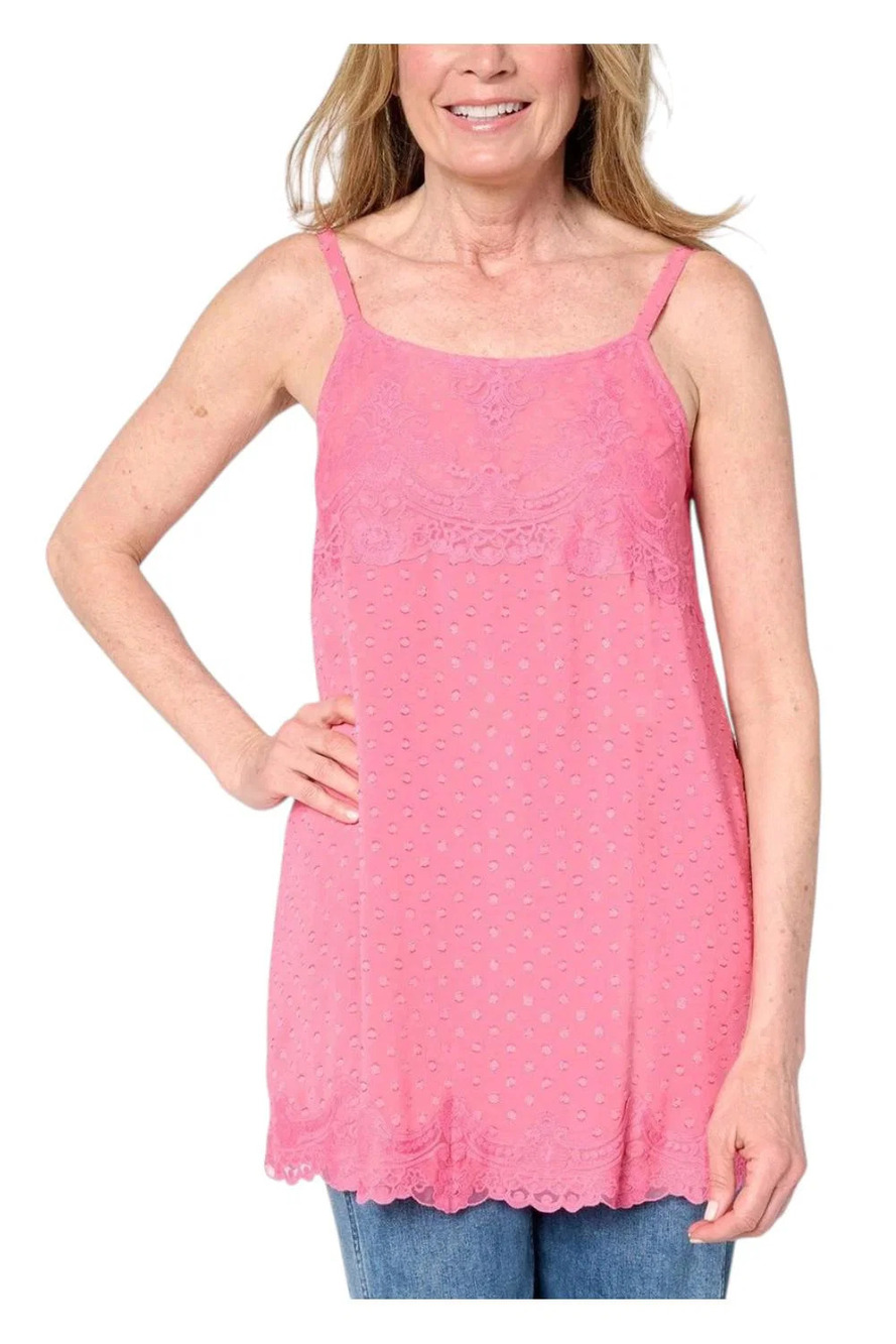 LOGO by Lori Goldstein Women's Clip Dot Tank Lace Trim Pink Peony - Regular
